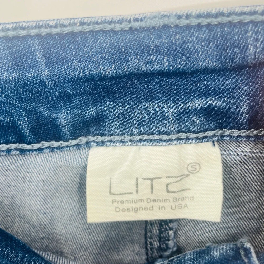 LITZ Denim Two Tone Distressed Midi Skirt Blue Frayed Side Stripe size S‎ Y2K